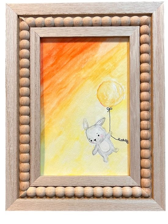 None Other - Handmade Bunny with Balloon Watercolor Painting in Yellow and Orange